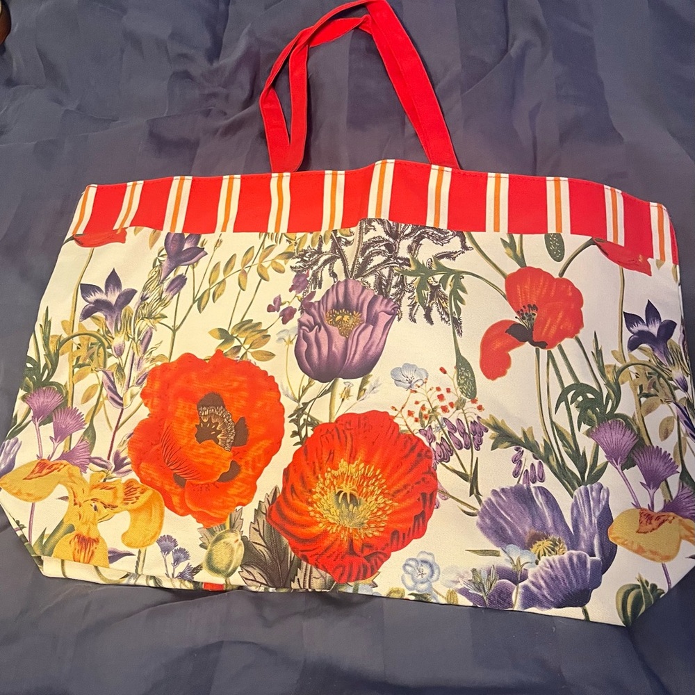 Floral Tote Bag with Red Straps